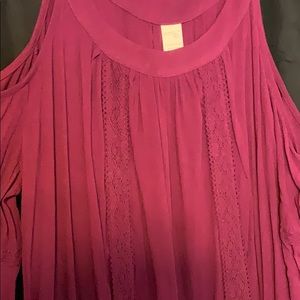 purple dress, cold shoulder bell sleeves